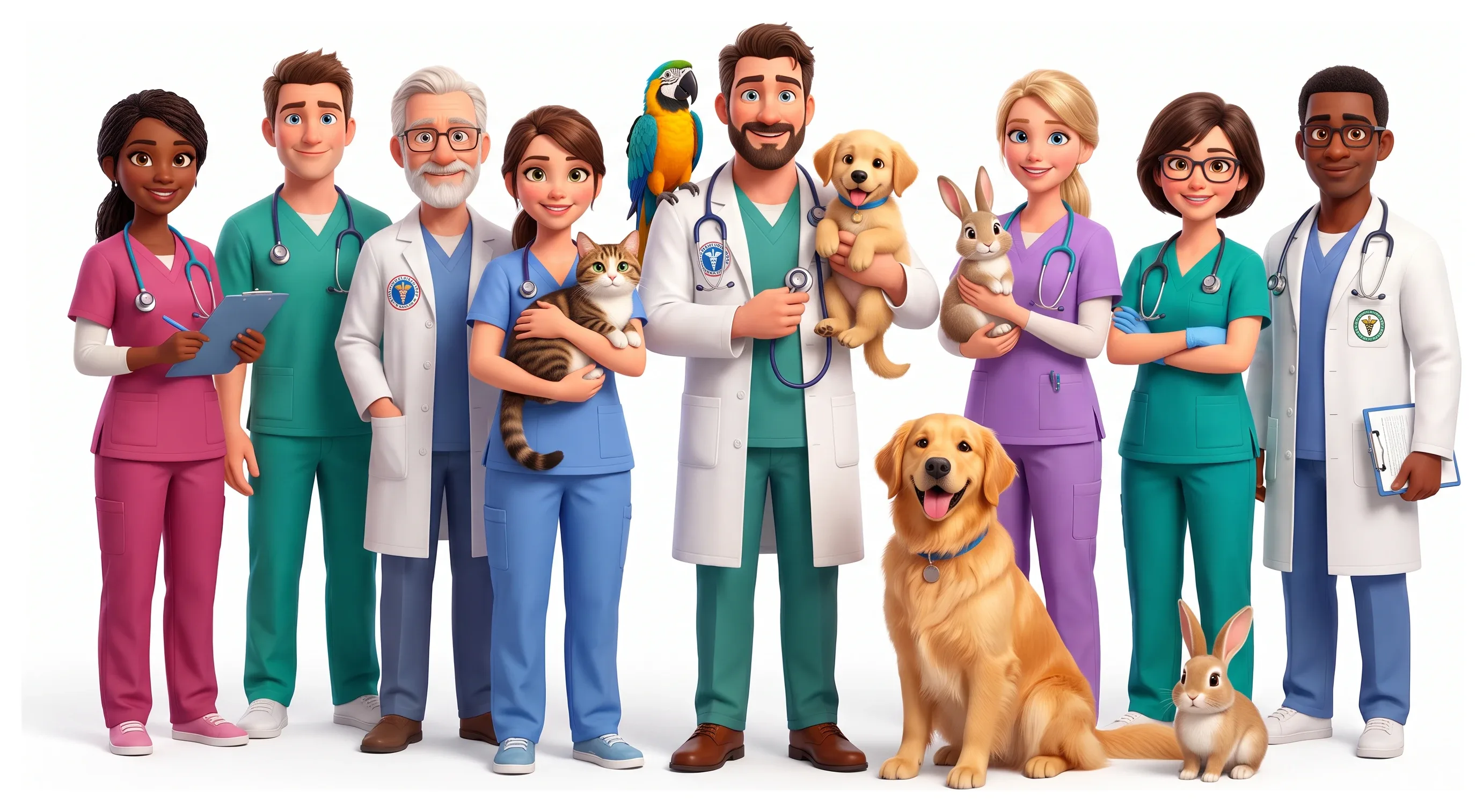 Ilustración de un equipo de médicos veterinarios y técnicos con un perro, un gato, dos conejos y un loro