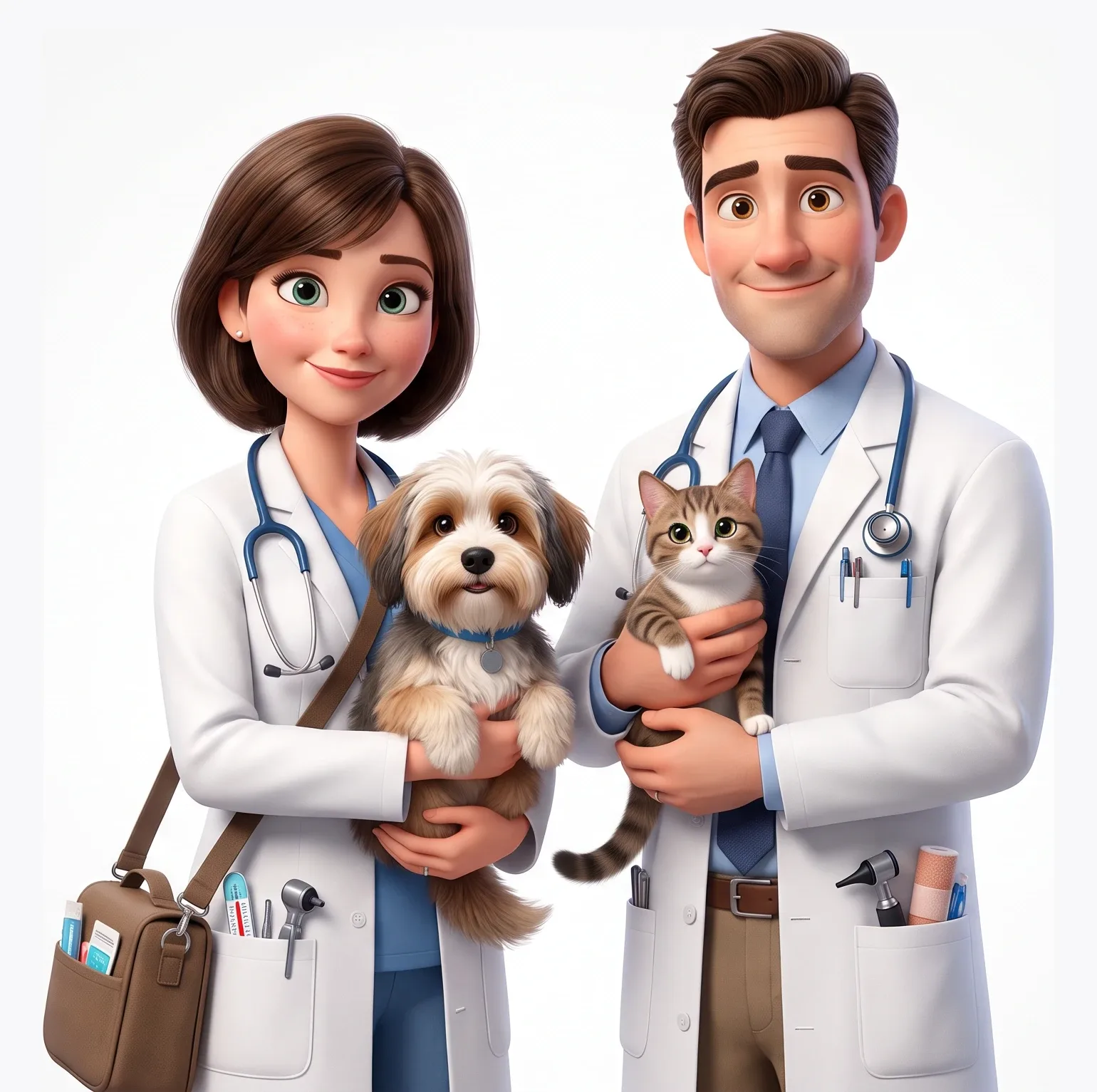 Ilustración de dos médicos veterinarios sosteniendo un perro y un gato